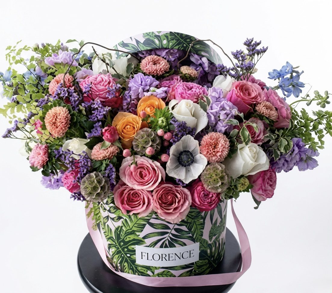 Sweet Fantasy - Flower Box: A floral arrangement in a decorative hatbox with pink roses, white anemones, purple and orange blooms, lush greens, and a pink ribbon—an elegant Orange County Flowers creation against a white background.