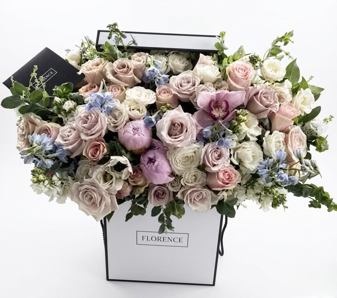 The Calm Down - Square Flower Box from Orange County Flowers is a white box filled with pale pink, cream, and purple roses, peonies, orchids, blue flowers, greenery, and includes a black envelope among the blooms.