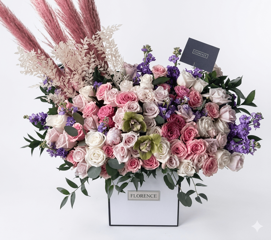 The Just My Type - Square Flower Box by Orange County Flowers is a large, elegant arrangement in a white box with pink, white, and lavender roses, green flowers, purple accents, lush greenery, and tall pink and white dried foliage.