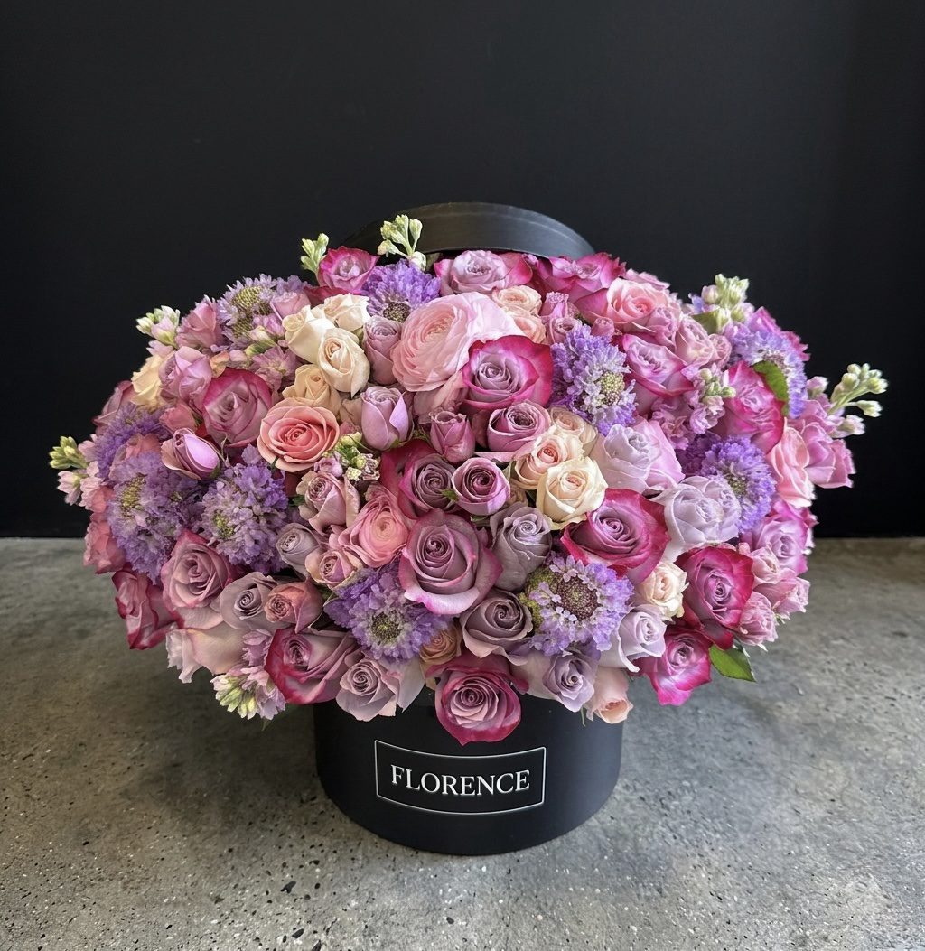 The FLEUR Collection #111 is a large, round black hatbox featuring an abundant mix of pink, purple, and lavender roses, lisianthus, and other Orange County flowers, set on a concrete floor against a dark background.