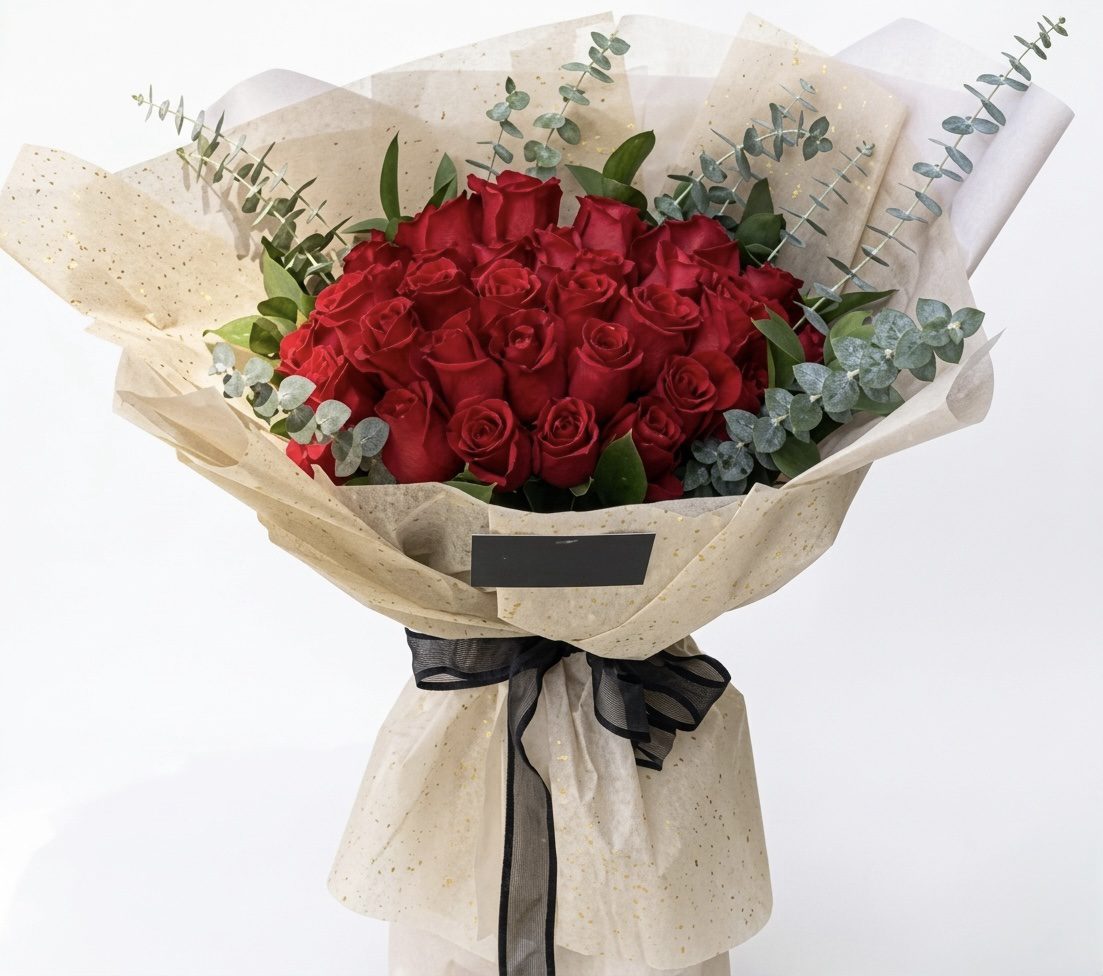 The Scarlet Rose - Deluxe Wrap Bouquet features red roses, green eucalyptus leaves, and a black ribbon in light beige paper—arranged by Orange County Flowers against a white background.