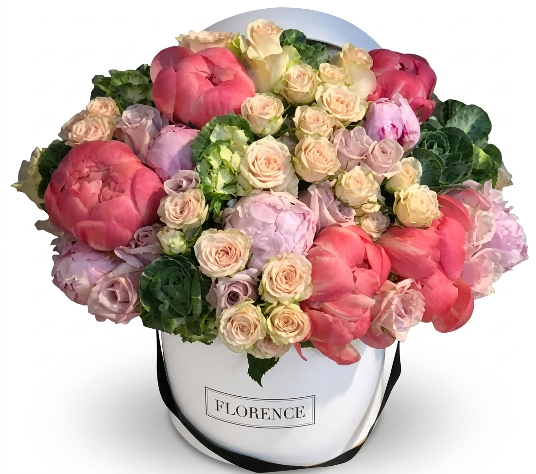 The FLEUR Collection #168 features a white hat box labeled FLORENCE filled with pink peonies, pale peach roses, light green flowers, and greenery—a vibrant bouquet from Orange County Flowers that pops against a white background.