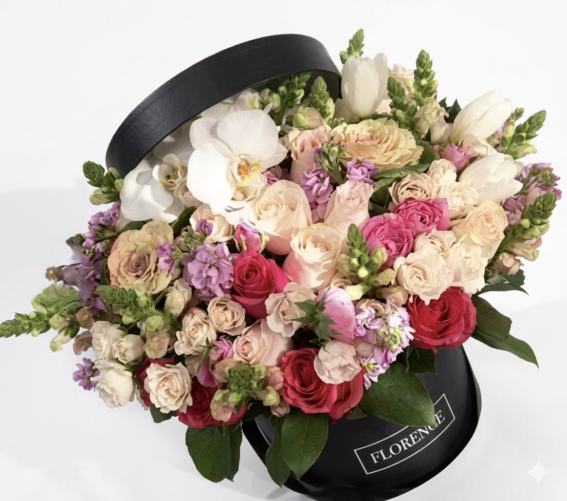 The Sweet Love - Flower Box features a black hatbox labeled FLORENCE, filled with cream, pink, red, and lavender roses, orchids, lush mixed blooms, and greenery from Orange County Flowers on a white background.