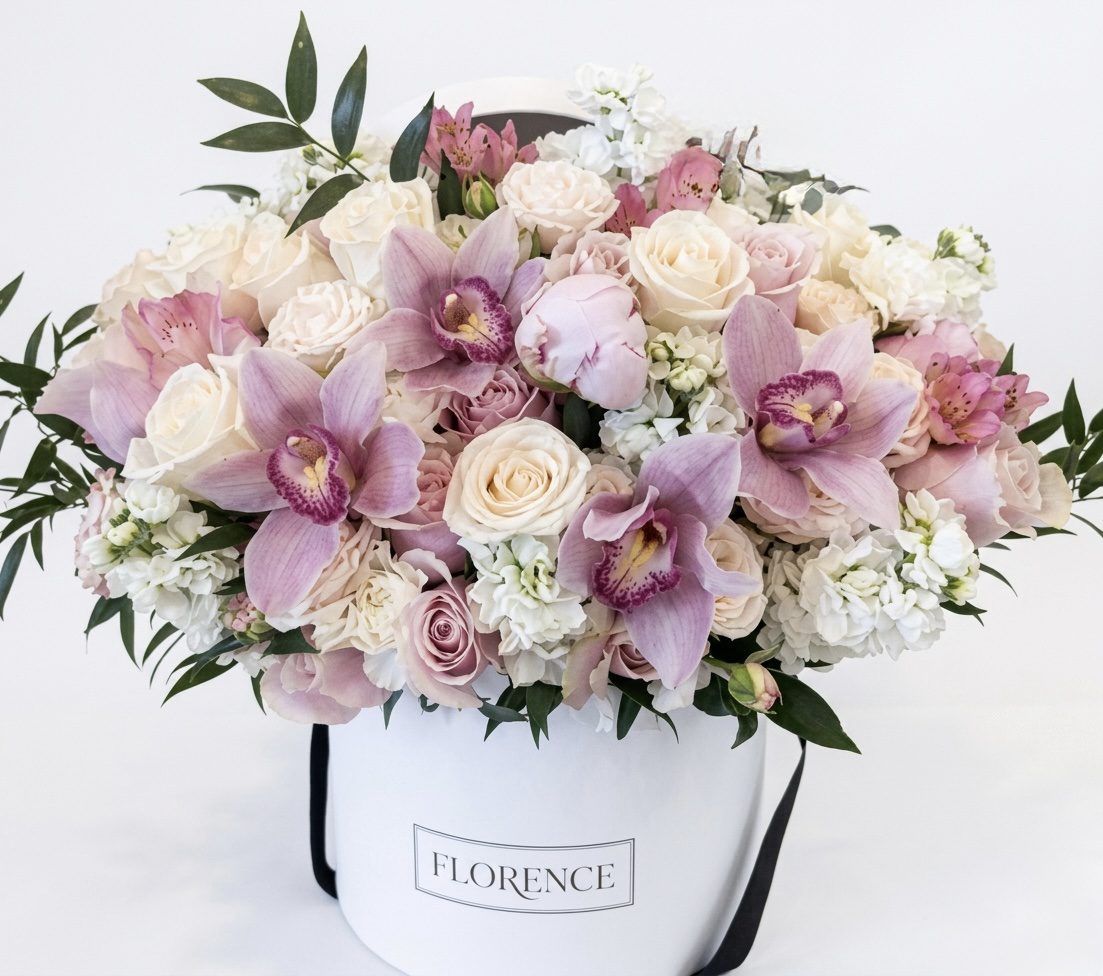 The Only Girl - Flower Box features a white hatbox filled with pale pink orchids, light and white roses, hydrangeas, and greenery—a lush arrangement from Orange County Flowers set against a clean, white background.