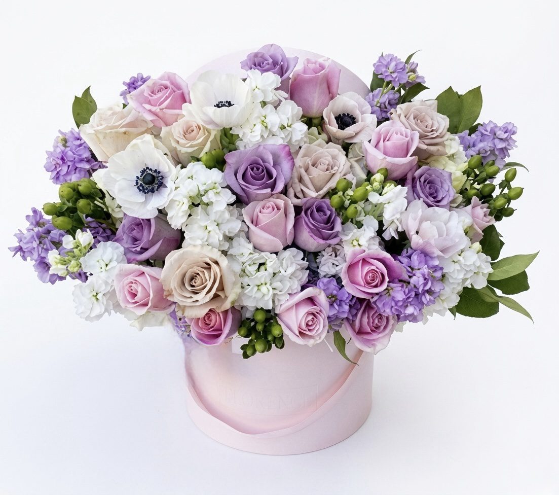 The "Bite Me - Flower Box" by Orange County Flowers is a round pink box with pastel roses, white anemones, lilac and white blooms, green berries, and lush foliage, beautifully presented against a white background.