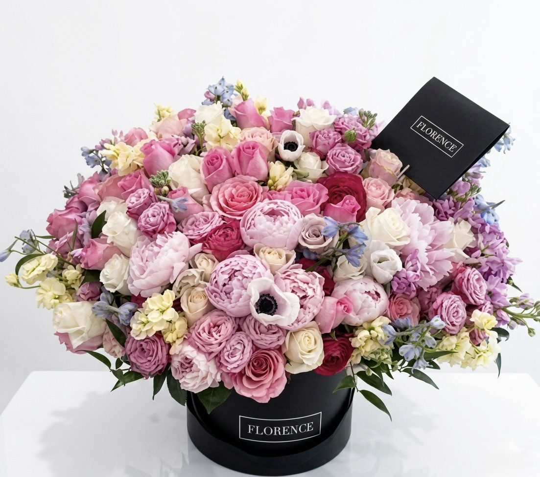 A large, round black box labeled Wish I Knew is filled with a lush mix of pink, white, and purple roses, peonies, and anemones by Orange County Flowers—complete with a black envelope nestled in the blooms.
