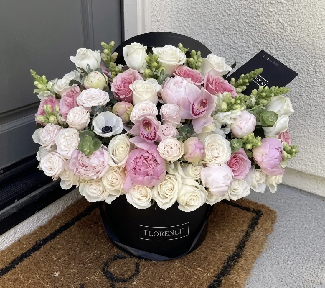 A large black "Ice Cream - Flower Box" from Orange County Flowers, filled with white, light pink, and blush roses, peonies, and mixed flowers, sits on a doormat outside a door. A black gift card is nestled among the blooms.