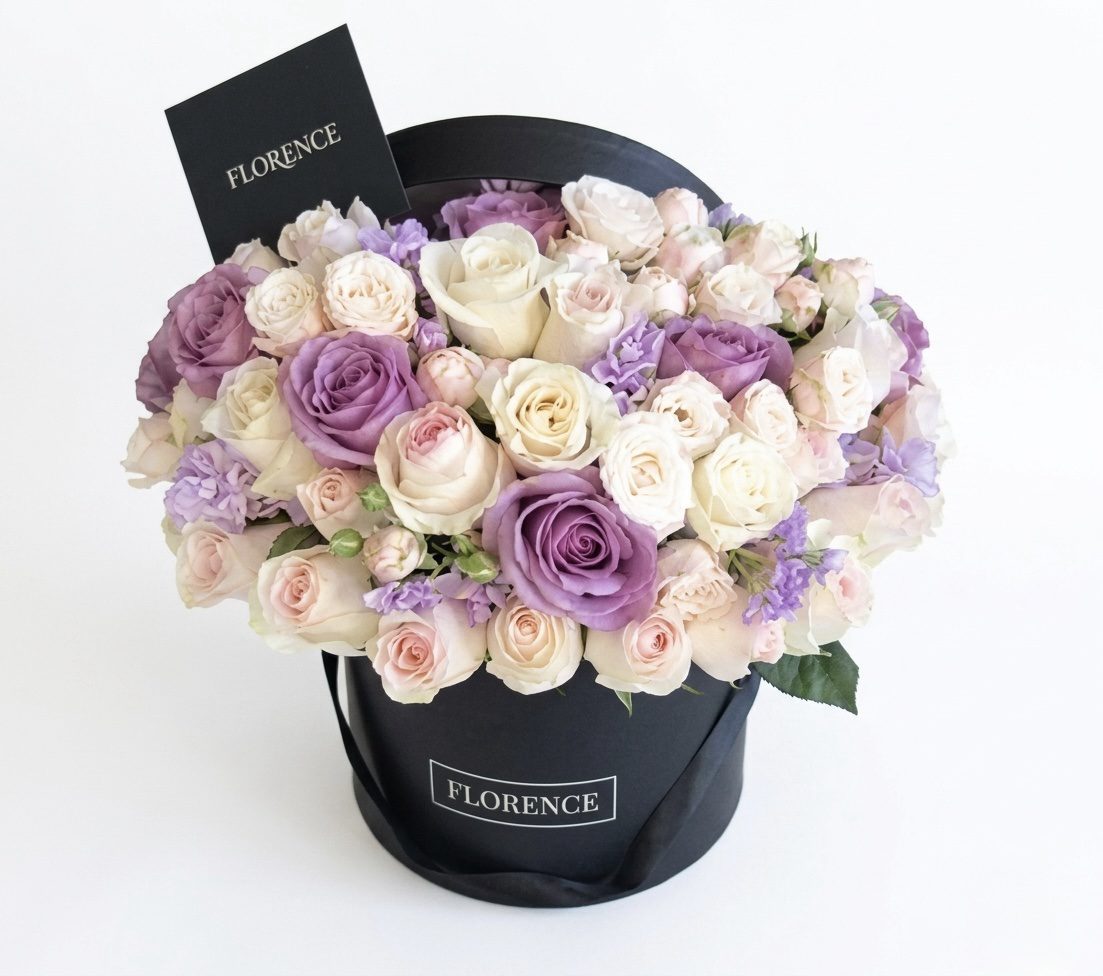 The FLEUR Collection #150 features a black hatbox labeled FLORENCE, filled with cream, pale pink, and lavender roses accented by purple sprigs. A matching FLORENCE card completes this elegant Orange County Flowers arrangement.