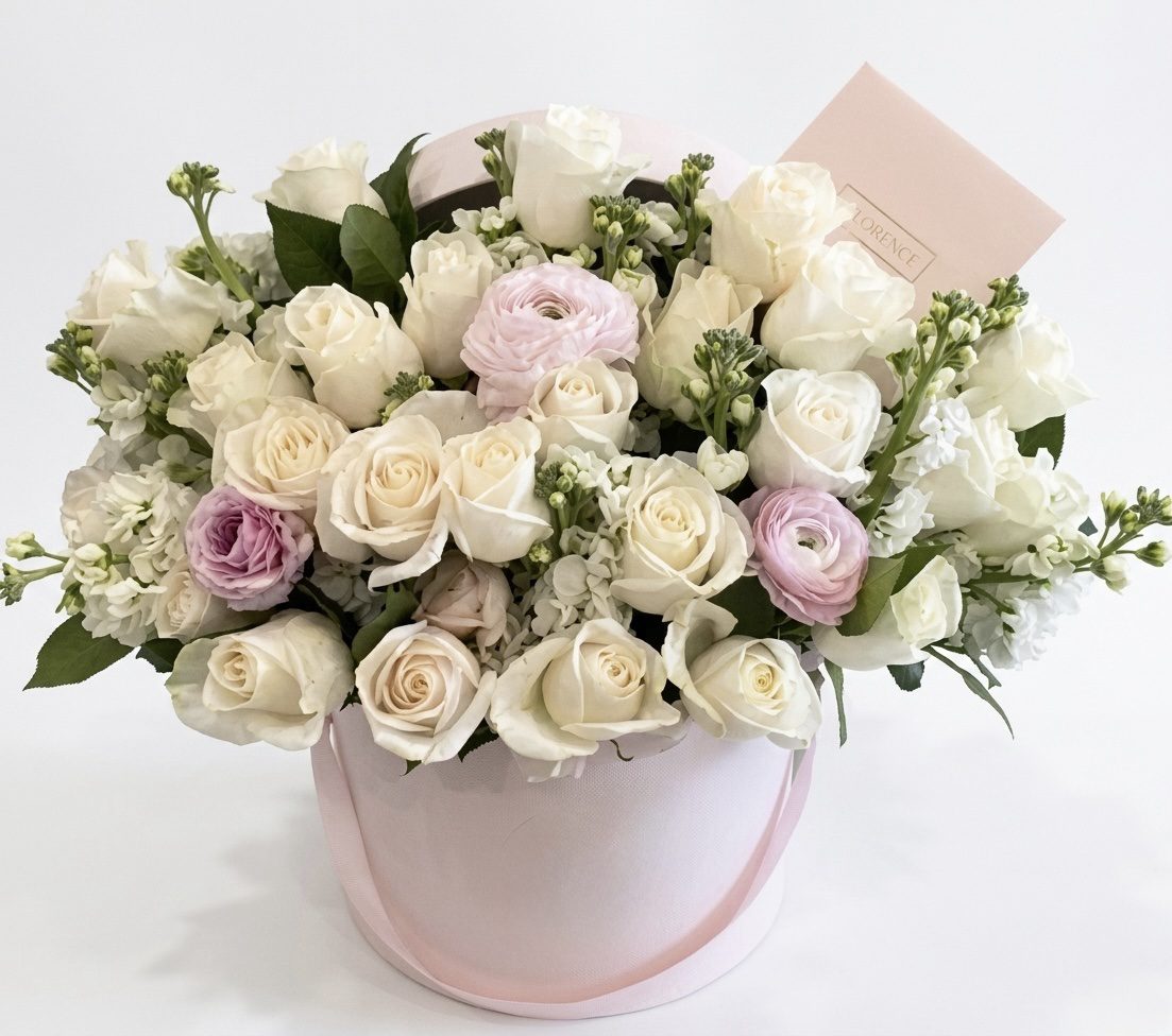 Sweet Buds - Flower Box: A round pink hatbox filled with white and pale pink roses, white hydrangeas, greenery, and a light pink envelope from Orange County Flowers.