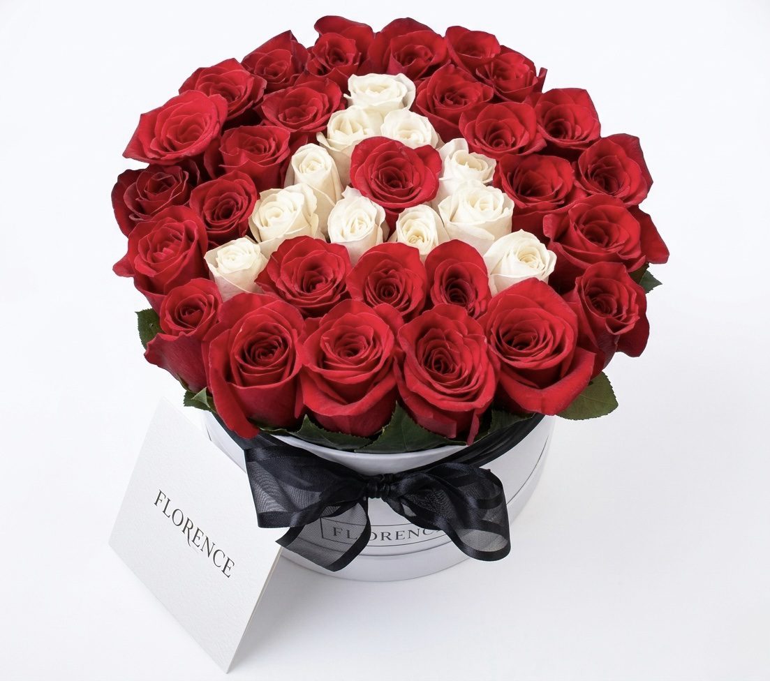The "Your Letter - Flower Box" features a round bouquet of red and white roses in a white box, with white roses forming the letter A in the center, finished with a black ribbon and a FLORENCE card.