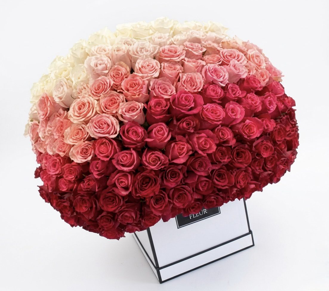 The Love Like This - Square Flower Box features a large bouquet of roses arranged in a white-to-deep red gradient, set in a white square box with a black-bordered label, displayed against a white background.