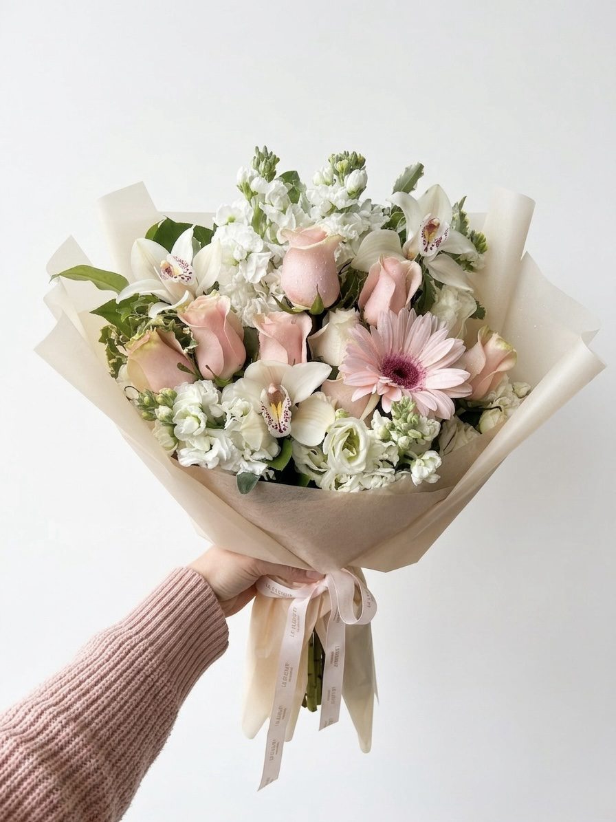 A hand holds the Simple Beauty - Wrapped Bouquet, featuring light pink roses, white orchids, and pale flowers wrapped in cream paper with a white ribbon against a plain white background.