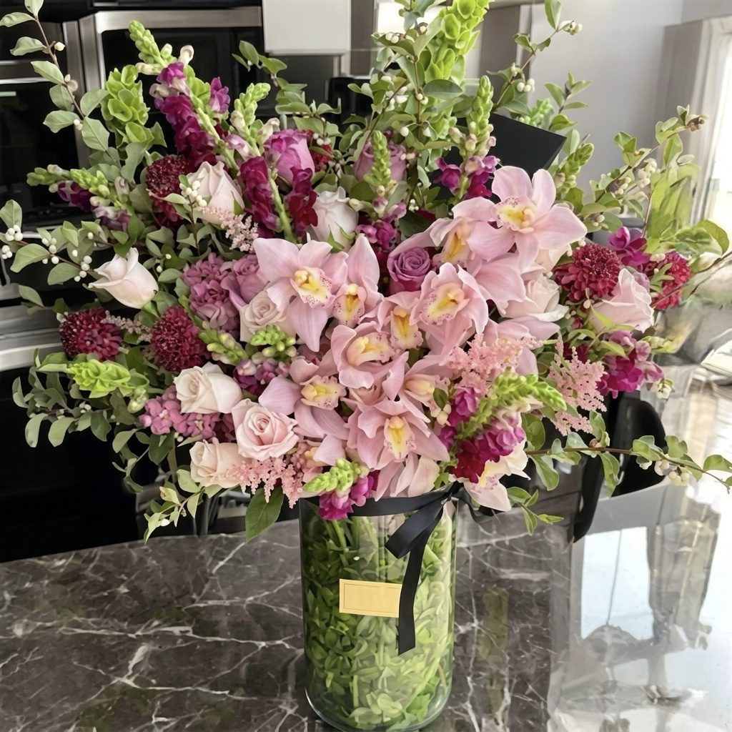 The Orchid Kiss - Vase features pink orchids, roses, purple and burgundy blooms with lush greenery in a large glass vase, displayed on a dark marble countertop in a modern kitchen.