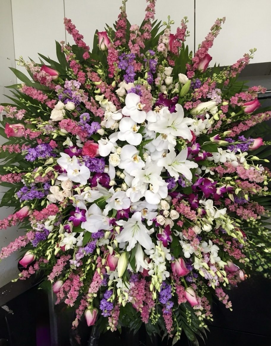 The Angel’s Garden - Funeral Spray is a large, oval standing floral arrangement with white lilies, orchids, pink and purple roses, snapdragons, and lush greenery displayed against a neutral background.