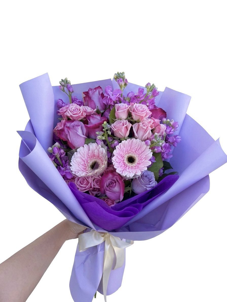 A hand holds the Purple Reign - Wrapped Bouquet, featuring pink and purple roses and gerbera daisies in purple paper with a white ribbon, set against a white background.