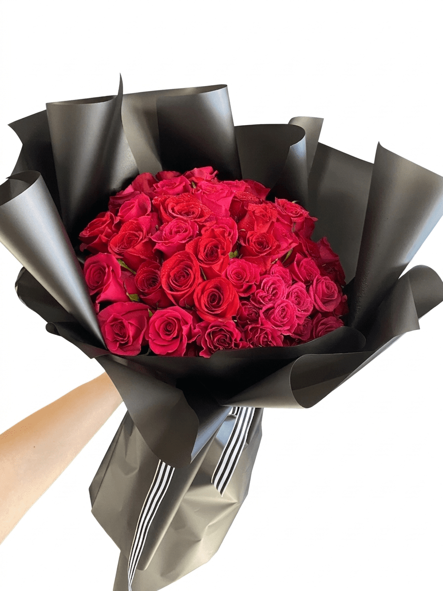 A hand holds the Midnight Vogue - Wrapped Bouquet: vibrant pink roses in sleek black paper with a black-and-white striped ribbon, set against a white background.